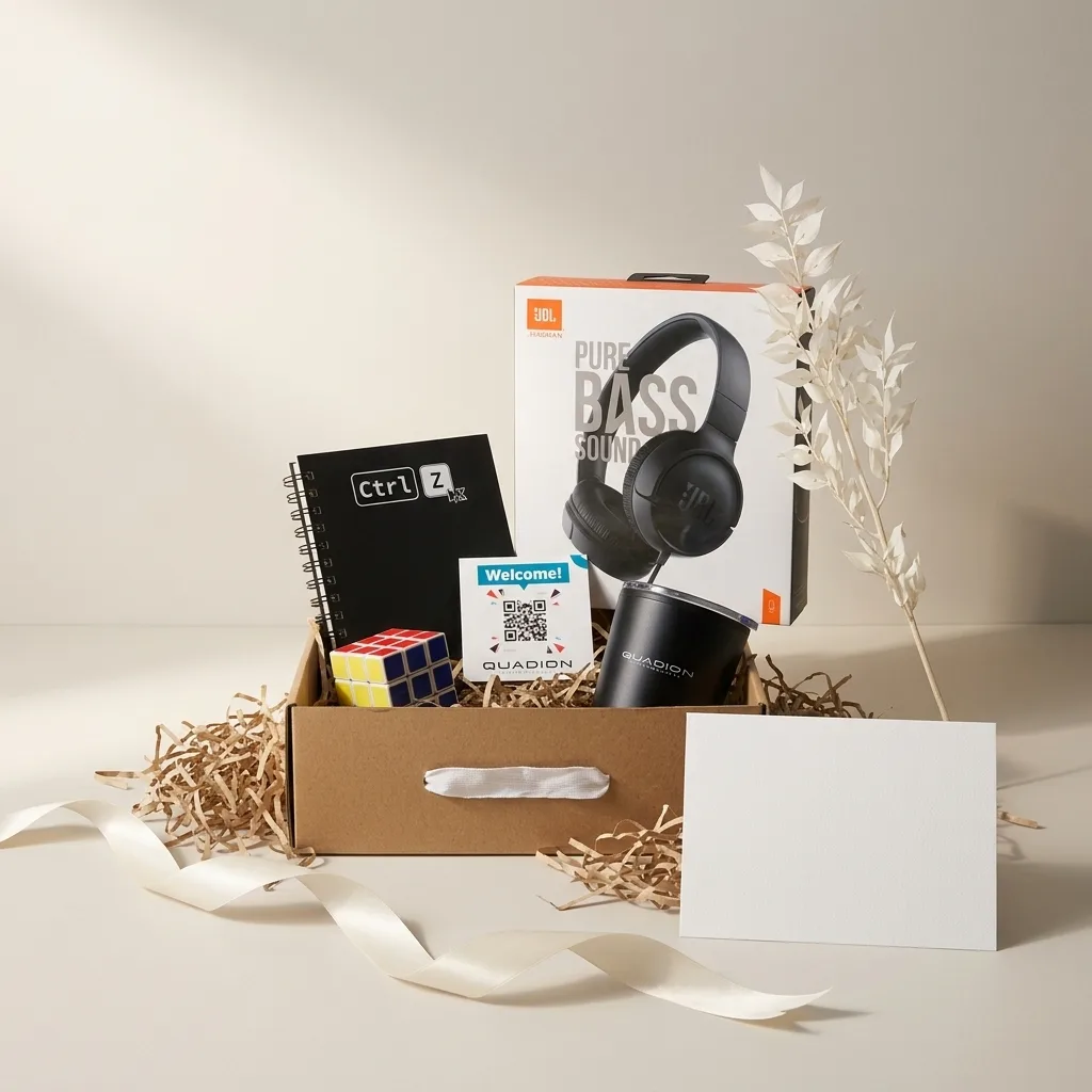 Onboarding kit de Quadion: caja kraft con auriculares JBL, cuaderno, vaso térmico y cubo Rubik