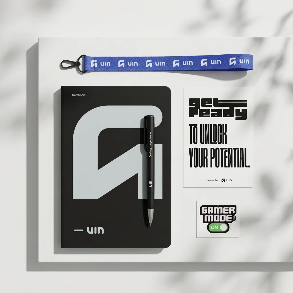 Onboarding kit de UIN: lanyard azul, cuaderno negro, lapicera y stickers de la marca