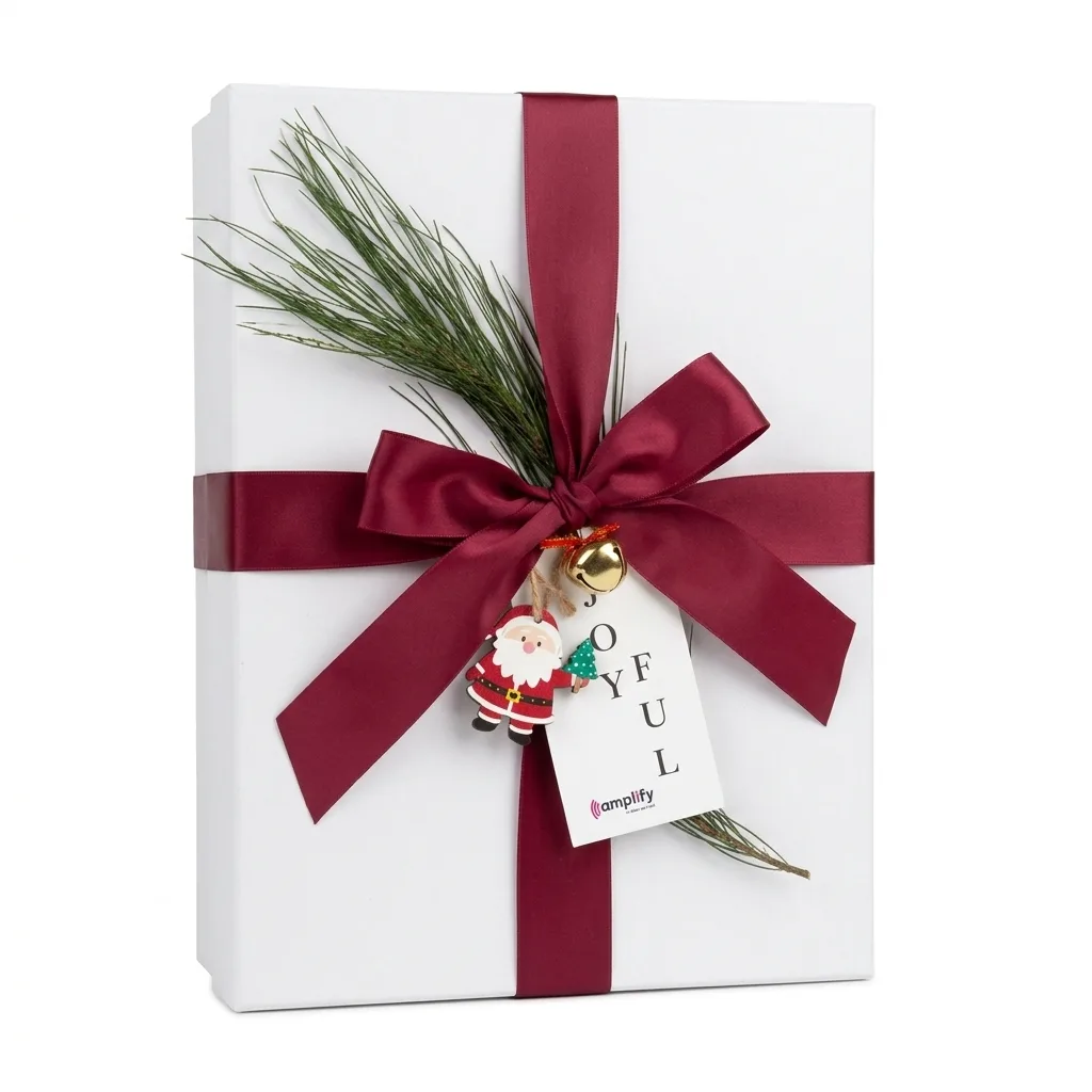 Regalo de fin de año de Amplify: caja blanca con cinta bordó, rama de pino y tarjeta navideña